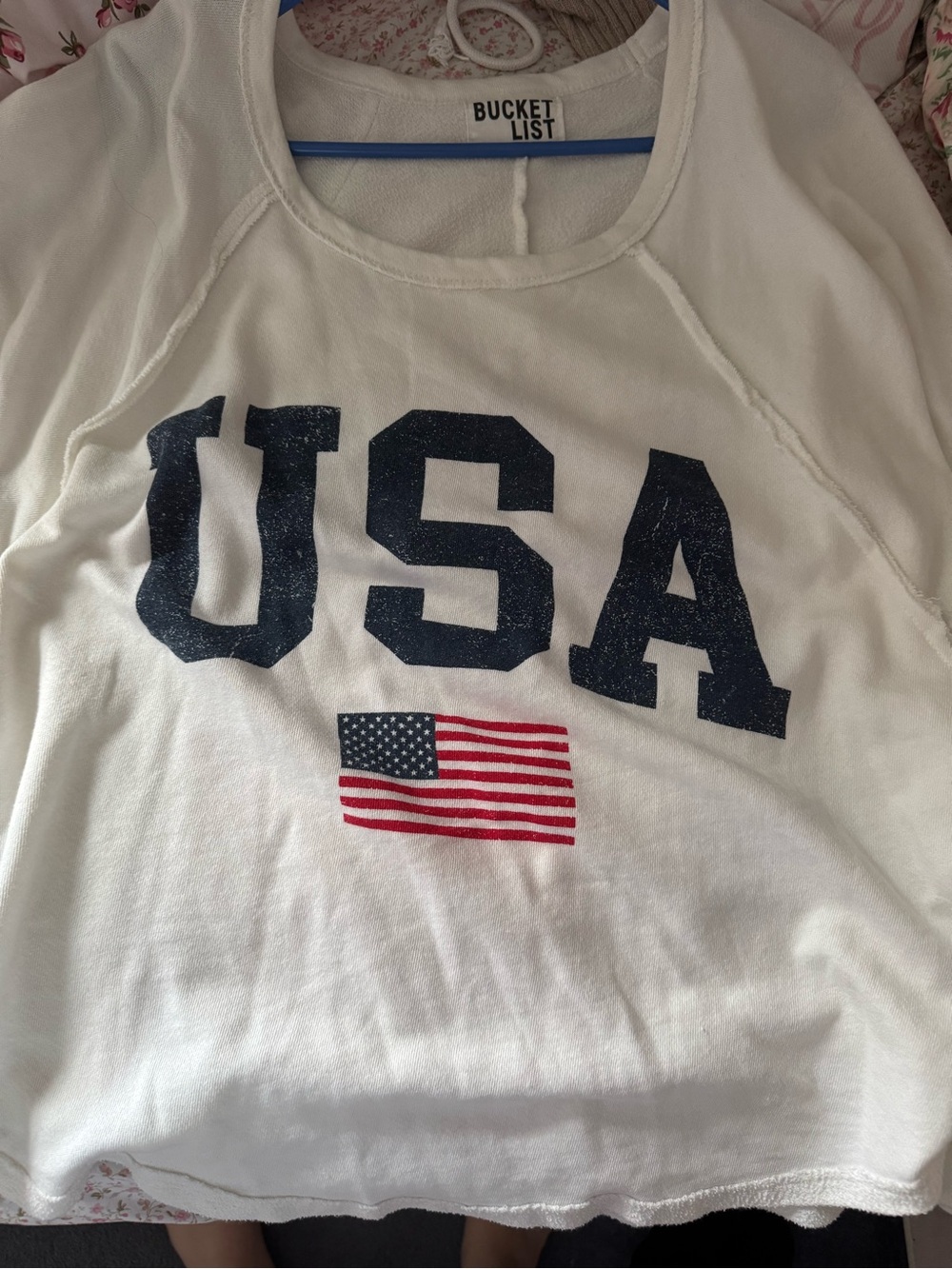 BUCKETLIST White Long Sleeve Tee with Navy USA and Red Flag Graphic
